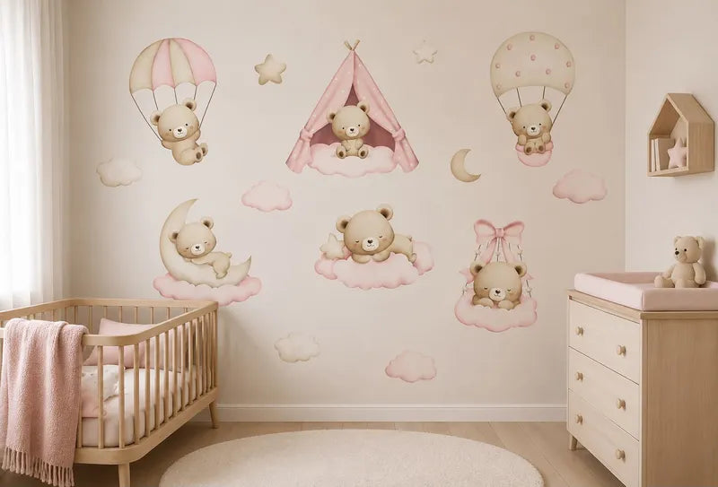 Pink Teddy Bear Nursery Wall Decal Set
