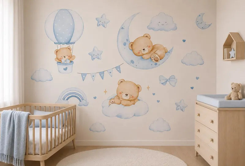 Blue Teddy Bear Nursery Wall Decal Set